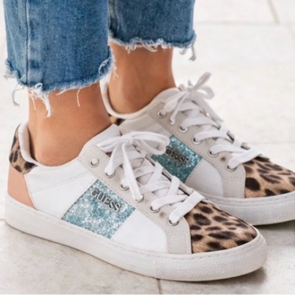 Guess Loven Low Profile Sneaker White Ocean Leopard Women’s 6.5 Animal Print